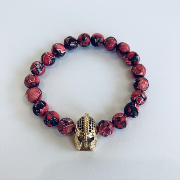 HAND CRAFTED Gladiator & Imperial Jasper Stretch Bracelet 6.5” Red Gold NWT - Picture 8 of 15